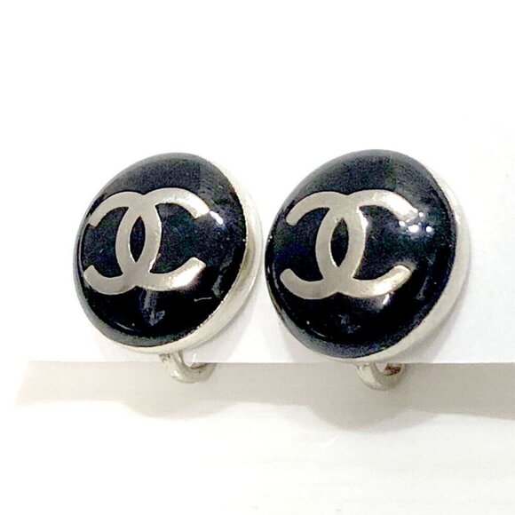 CHANEL CC Logos Black Round Clip-On Earrings Silver Tone 07A Auth D-h1134 - Picture 1 of 9